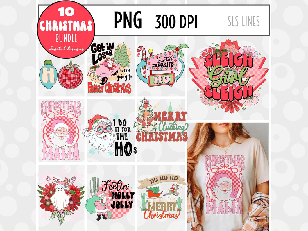 Retro Christmas Bundle, 10 Santa & Christmas PNG Designs, Western Satan, Christmas Florals