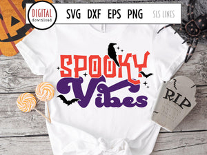 Spooky Vibes SVG, Halloween Cut File with bats and crow