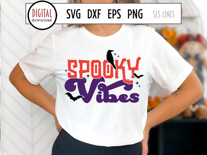 Spooky Vibes SVG, Halloween Cut File with bats and crow