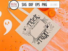Load image into Gallery viewer, Halloween Trick or Treat Bag SVG, Ghosts &amp; Spiderwebs Cut File