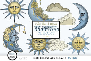 Blue Celestial Clipart - Sun & Moon Graphics - SLS Lines