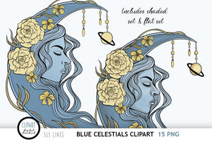 Blue Celestial Clipart - Sun & Moon Graphics - SLSLines