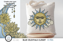 Load image into Gallery viewer, Blue Celestial Clipart - Sun &amp; Moon Graphics - SLSLines