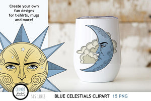 Blue Celestial Clipart - Sun & Moon Graphics - SLSLines