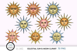 Celestial Clipart Bundle - Sun & Moon Graphics - SLS Lines