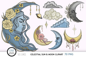 Celestial Clipart Bundle - Sun & Moon Graphics - SLS Lines