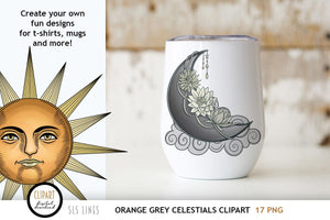 Grey & Orange Celestial Clipart - Sun & Moon Graphics - SLS Lines