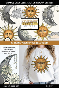 Grey & Orange Celestial Clipart - Sun & Moon Graphics - SLS Lines