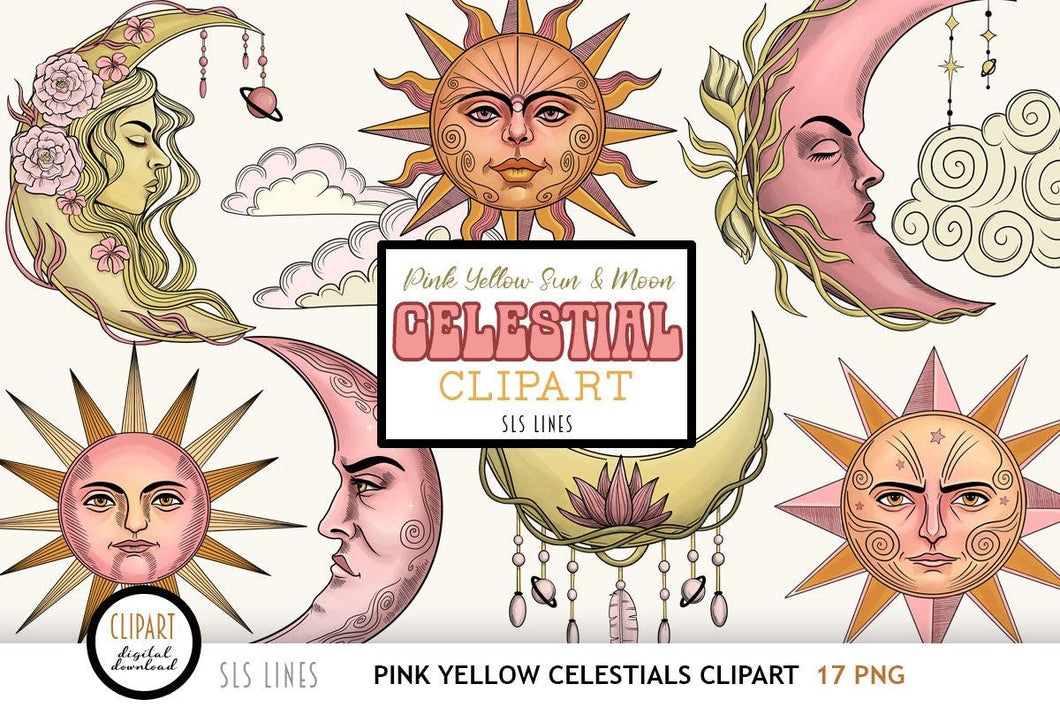 Pink & Yellow  Celestial Clipart - Sun & Moon Graphic - SLS Liness
