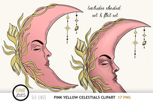 Pink & Yellow  Celestial Clipart - Sun & Moon Graphic - SLS Liness