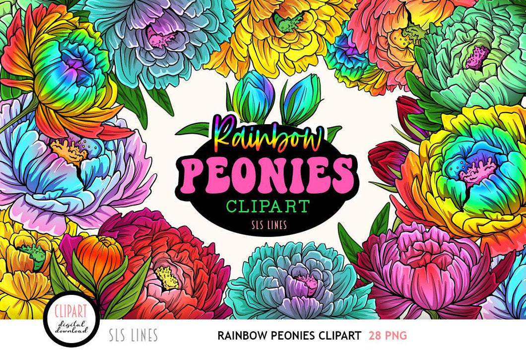 Peony Clipart - Rainbow Peonies PNG Elements, SLS Lines