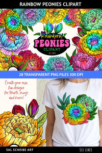 Peony Clipart - Rainbow Peonies PNG Elements, SLS Lines