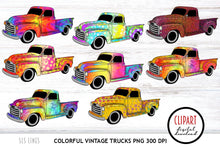 Load image into Gallery viewer, Vintage Truck Clipart - Colorful Rainbow Trucks PNG