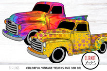 Load image into Gallery viewer, Vintage Truck Clipart - Colorful Rainbow Trucks PNG
