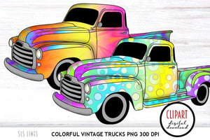 Vintage Truck Clipart - Colorful Rainbow Trucks PNG