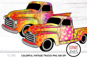 Vintage Truck Clipart - Colorful Rainbow Trucks PNG