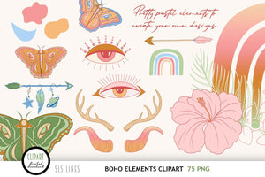 Boho Elements Clipart Bundle - Flowers, Feathers & Rainbows - SLS Lines