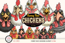 Load image into Gallery viewer, Funny Face Chickens Clipart - Angry, Cute &amp; Squawking Hens PNG - SLSLines