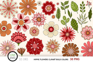Hippie Flowers Clipart - Groovy 60s Florals Pink & Red - SLS Lines