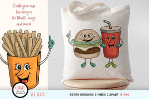 Retro Food Clipart - Burger Fries & Hotdog PNGs - SLS Lines