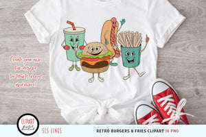 Retro Food Clipart - Burger Fries & Hotdog PNGs - SLS Lines