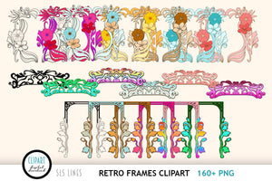 Retro Hippie Frames Clipart - 60s Style Art Nouveau Bundle