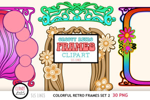 Retro Frames Clipart - Hippie Style PNG Frame Set - SLSLines