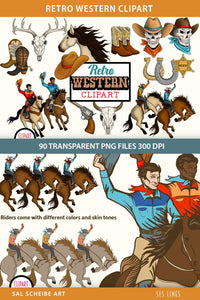 Western Retro Clipart - Cowboys, Horses & Hats PNG Bundle