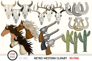 Western Retro Clipart - Cowboys, Horses & Hats PNG Bundle