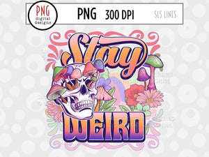 Retro Flower Skull with Mushrooms - Stay Weird PNG Design
