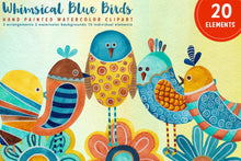 Load image into Gallery viewer, Whimsical Blue Birds Watercolor Clipart Set