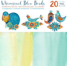 Load image into Gallery viewer, Whimsical Blue Birds Watercolor Set - slslines