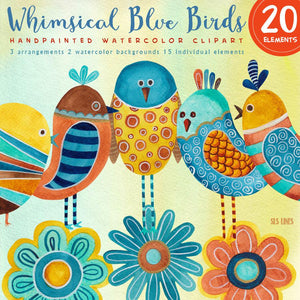 Whimsical Blue Birds Watercolor Set - slslines