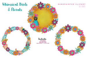 Whimsical Funky Birds & Florals Watercolor Set - slslines