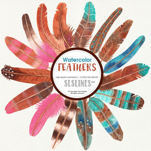 Watercolor Feathers in Pink, Blue & Brown - slslines