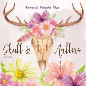 Skull & Deer Antlers Watercolor Set - slslines