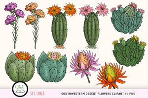 Southwestern Desert Flowers Clipart - Cactus PNG Set, SLS Lines