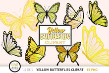 Load image into Gallery viewer, Butterfly Clipart - Yellow Butterflies PNG Illustrations - SLSLines