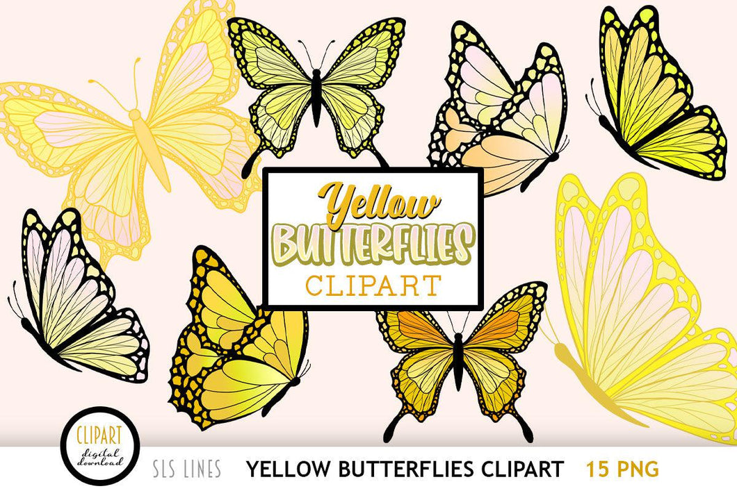 Butterfly Clipart - Yellow Butterflies PNG Illustrations - SLSLines