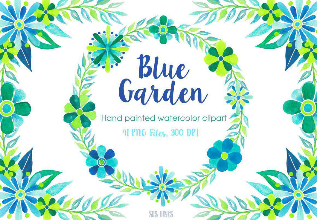 Blue Garden Floral Watercolor Clipart - SLSLines