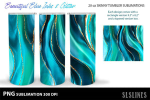 Blue Ink & Gold Glitter - Skinny Tumbler Sublimation PNGs - SLSLines