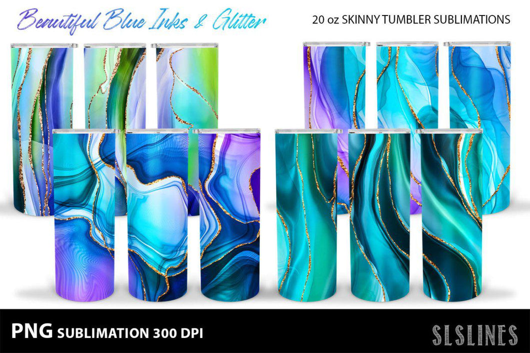 Blue Ink & Gold Glitter - Skinny Tumbler Sublimation PNGs - SLSLines