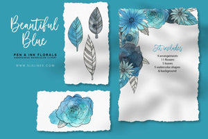 Blue Pen & Ink Watercolor Florals - SLSLines