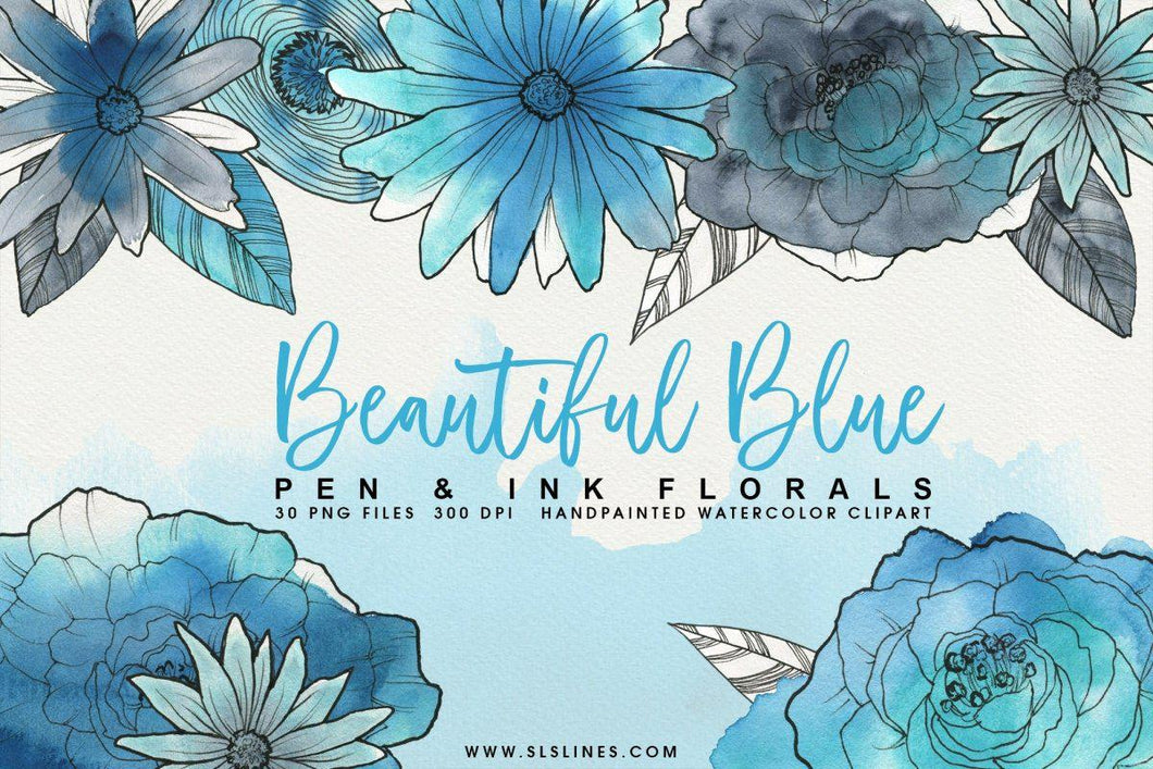Blue Pen & Ink Watercolor Florals - SLSLines