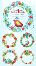 Load image into Gallery viewer, Christmas Birds &amp; Wreaths Watercolor Clipart - SLSLines
