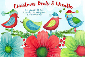 Christmas Birds & Wreaths Watercolor Clipart - SLSLines