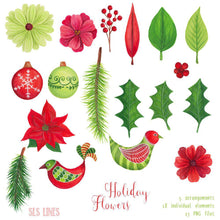 Load image into Gallery viewer, Christmas Holiday Flowers &amp; Birds Watercolor Clipart - SLSLines
