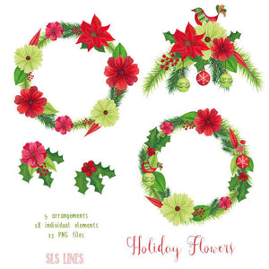 Christmas Holiday Flowers & Birds Watercolor Clipart - SLSLines