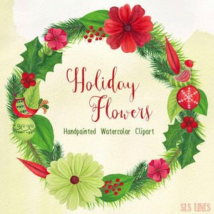 Christmas Holiday Flowers & Birds Watercolor Clipart - SLSLines