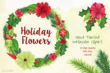 Load image into Gallery viewer, Christmas Holiday Flowers &amp; Birds Watercolor Clipart - SLSLines